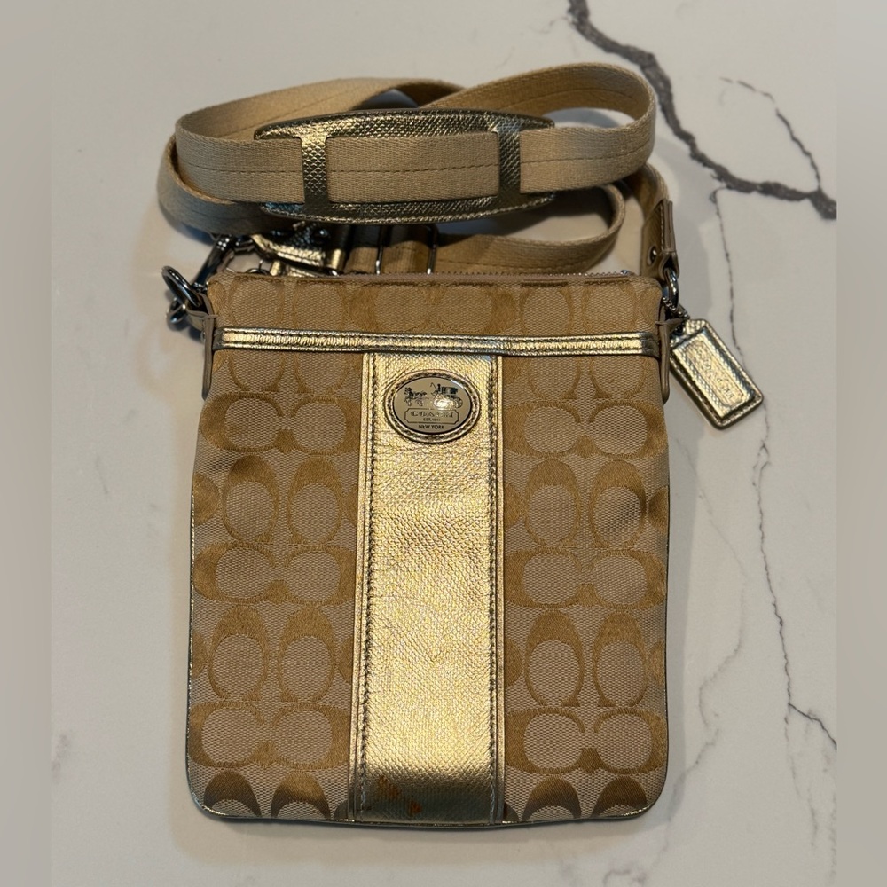 Coach Beige and Metallic Gold Crossbody Bag
